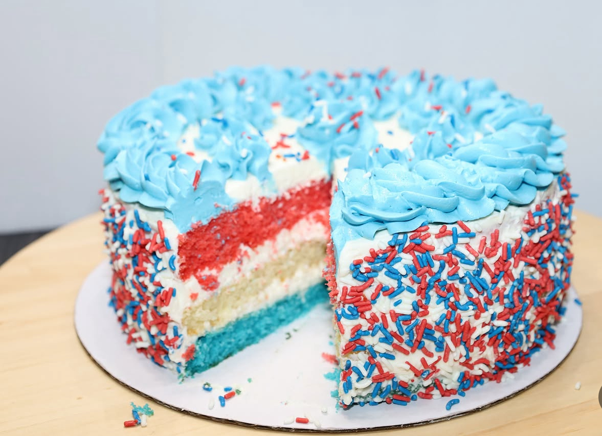 Red, white, and blue layered celebration cake by RizziBakes